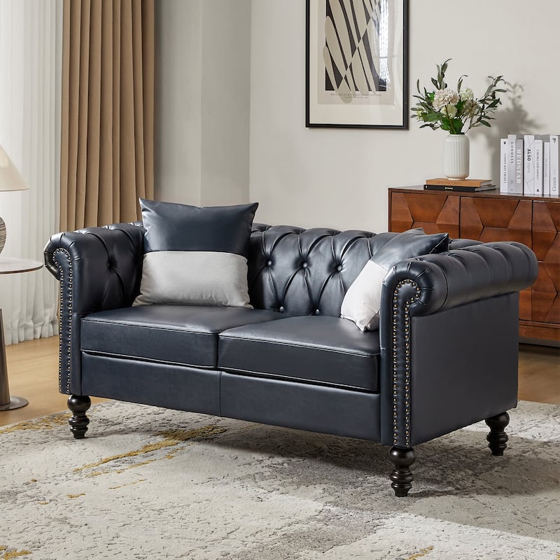 Faustina Traditional 62.2" Wide Leather Sofa with Solid Wood Legs - Navy