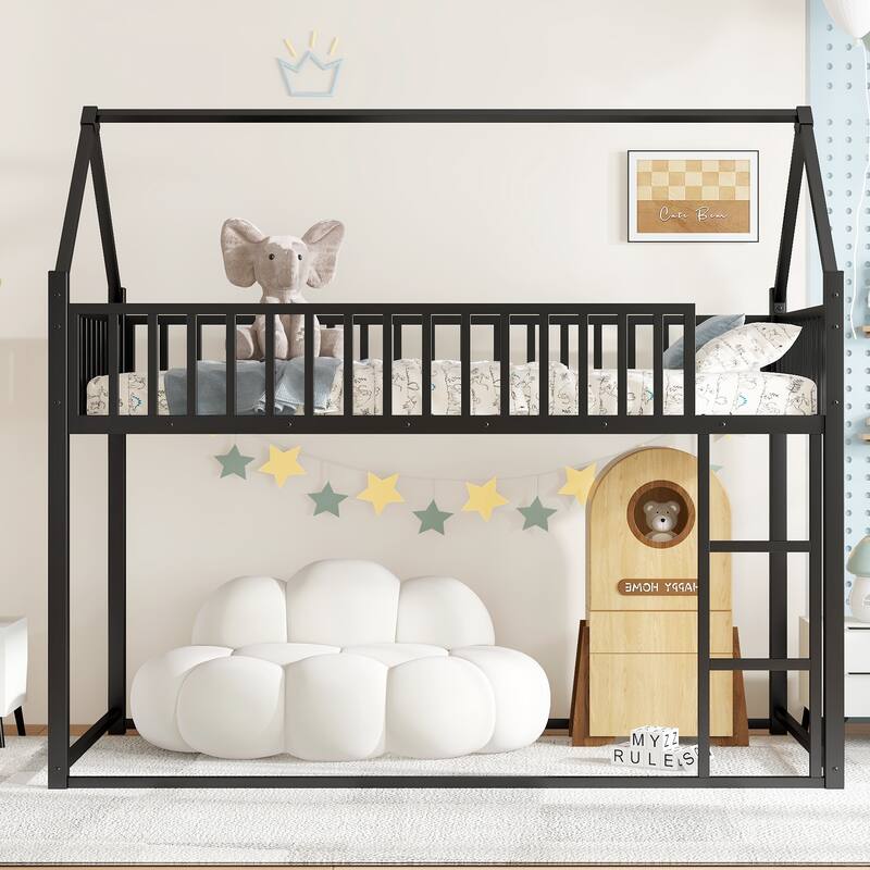 Black Metal Twin Size House Bed Transform into Loft Bed or Floor Bed - Black - Twin