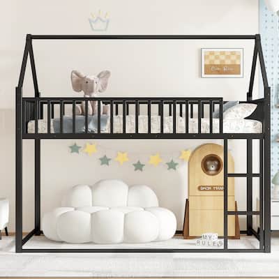 Black Metal Twin Size House Bed Transform into Loft Bed or Floor Bed