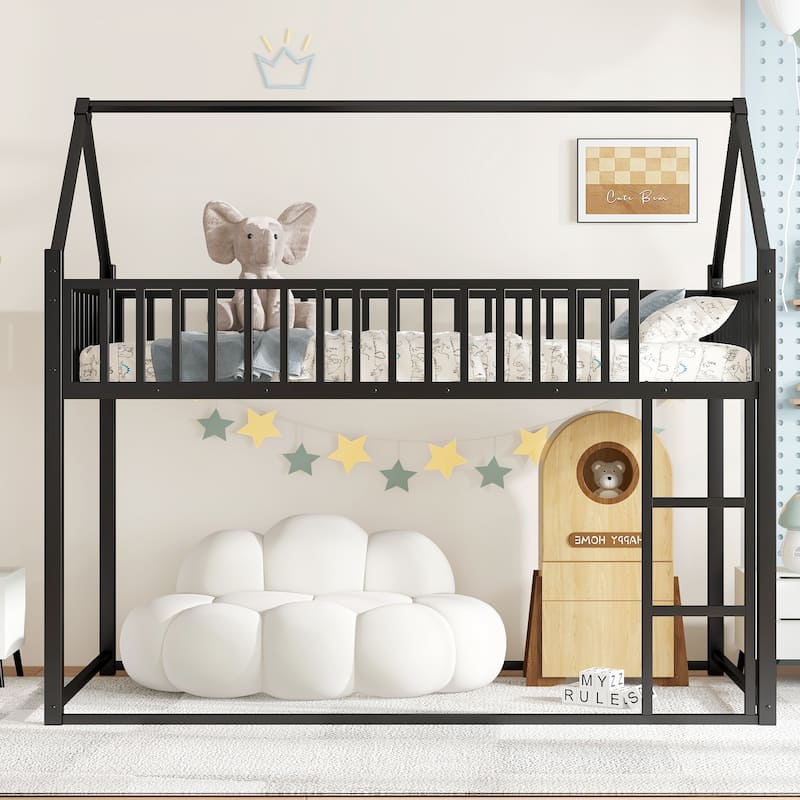 Twin Size House Floor Bed with Detachable Slats, Versatile Metal House Bed with Guardrails, Transformable Design.