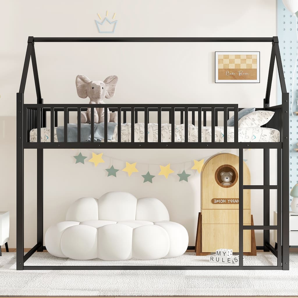 Twin size House Floor Bed with Detachable Slats, Versatile Metal House bed with Guardrails, Transformable Design