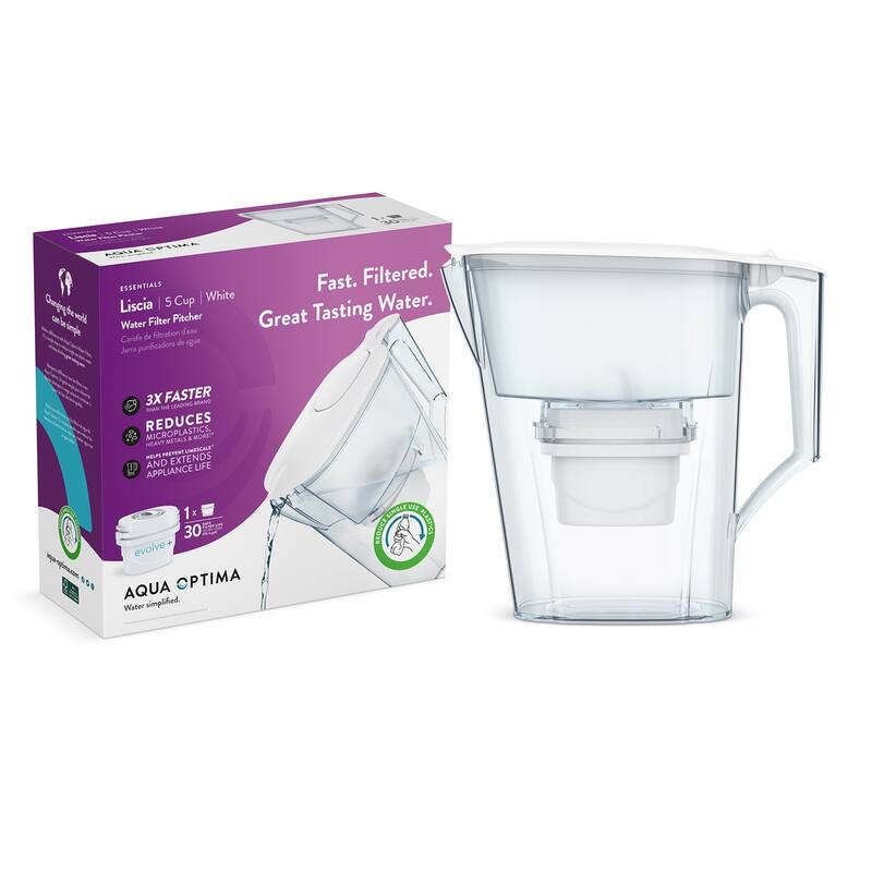 Aqua Optima Water Filter Pitcher with 1 Evolve+ Filter, Liscia Design, White - 5 Cup