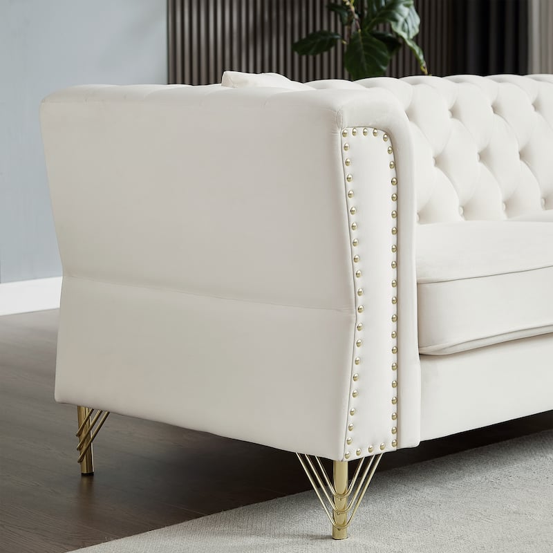 60.2" Chesterfield Velvet Sofa, 2-Seater Tufted Couch with Nailhead Trim and Metal Legs, Ideal for Living Room