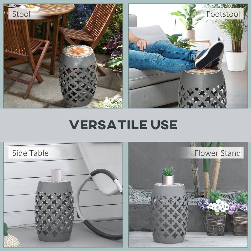 Outsunny 12" Round Patio Outdoor Footstool, Garden Mosaic Accent Side Table, Plant Stand