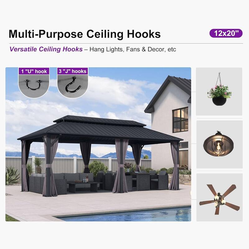 PURPLE LEAF Gazebo Grey Outdoor with Dual-Layer Galvanized Steel Double Roof Aluminum Gazebo with Netting and Curtains