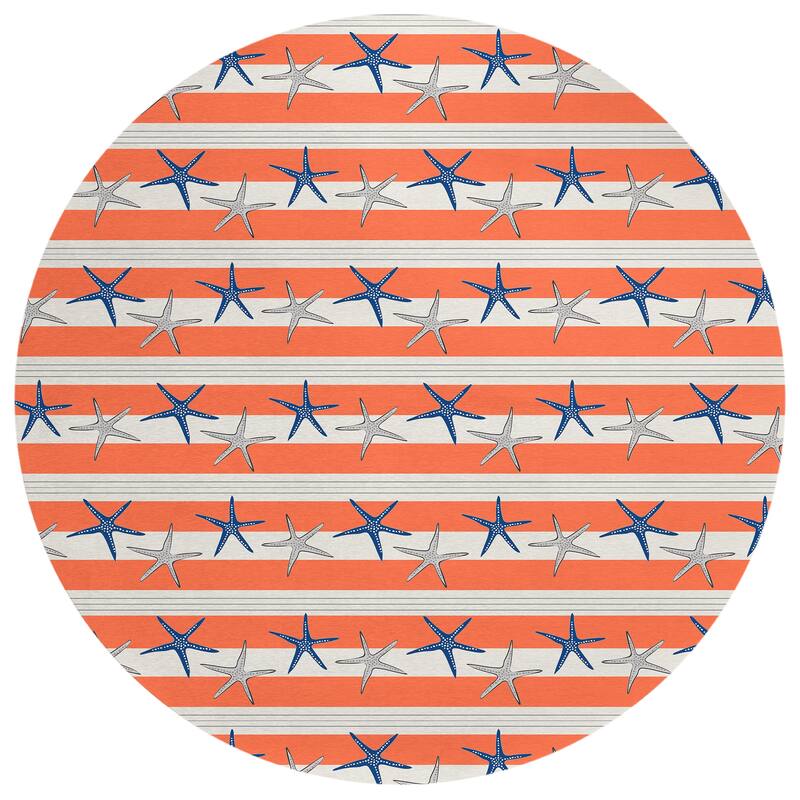 Indoor/ Outdoor Surfside Starfish Stripes Washable Rug New - Coral - 8' x 8'