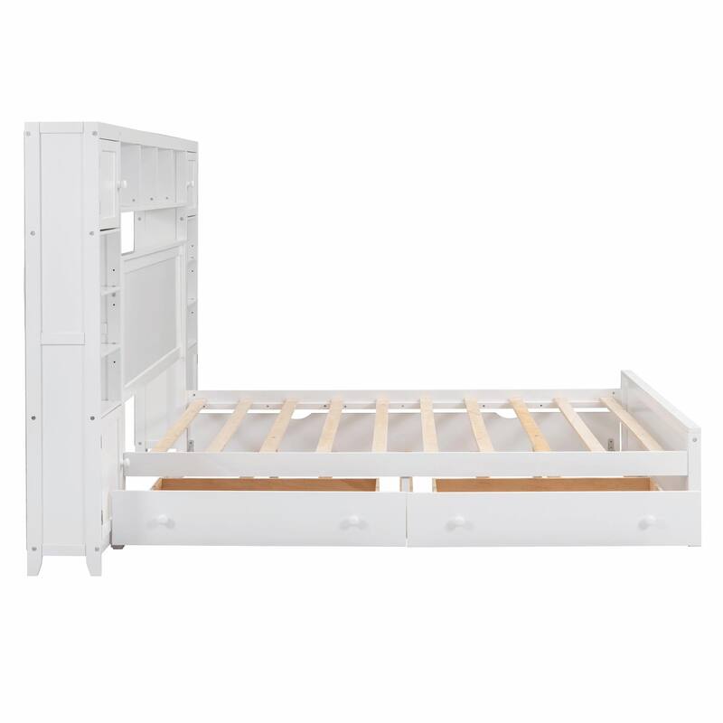 Wooden Bed with Built-in Cabinet, Shelf, and Sockets