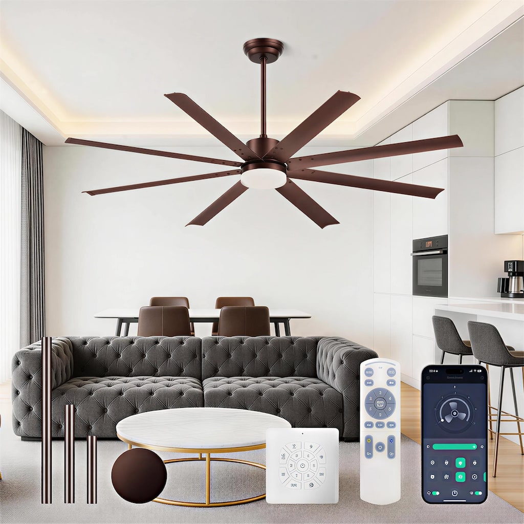 72/88/96Inch Large Size Industrial Ceiling Fan with Light,8 PCS Aluminum Blades,Remote Control,Adjust Height(3 Down rods)