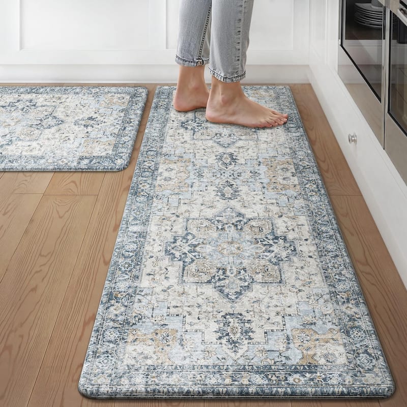 Mcow Harmony Multicolor Floral Boho Anti-Fatigue Memory Foam Kitchen Mat Set - 20''X48'' - Light Blue - Runner