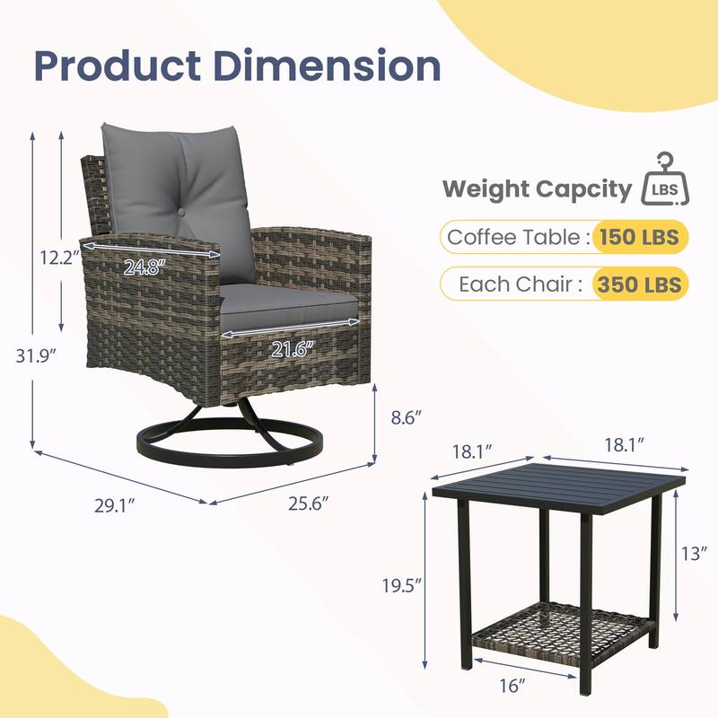 Outdoor Swivel Rocker Patio Chairs Set of 2 with Coffee Table &Cushions, Rattan Bistro Set for Porch, Backyard, Balcony