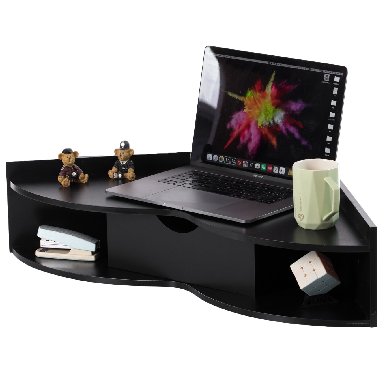 Basicwise Wall Mounted Folding Desk with Drawer & Shelves - Fold Down Table for Small Spaces, Home Office, Bedroom, Laundry