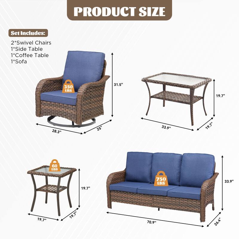 Cavira 5-Piece Outdoor Patio Brown Wicker Conversation Set with Olefin Cushions