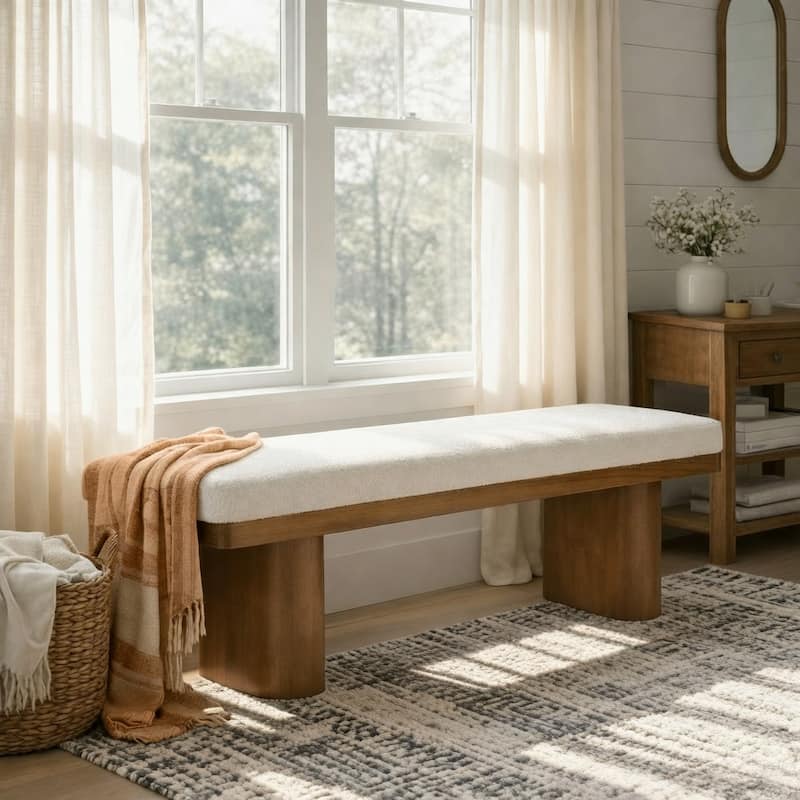 Christopher Knight Home - Monteria Modern 55.12" Upholstered Bench with Sculptural Cylindrical Wooden Leg & Padded Seat