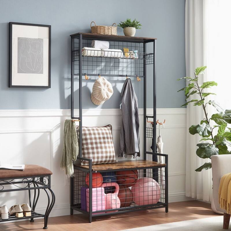 Mieres Garage Sports Equipment Organizer, Garage Ball Storage Rack, Garage Organizer with Basket and Hooks - Brown