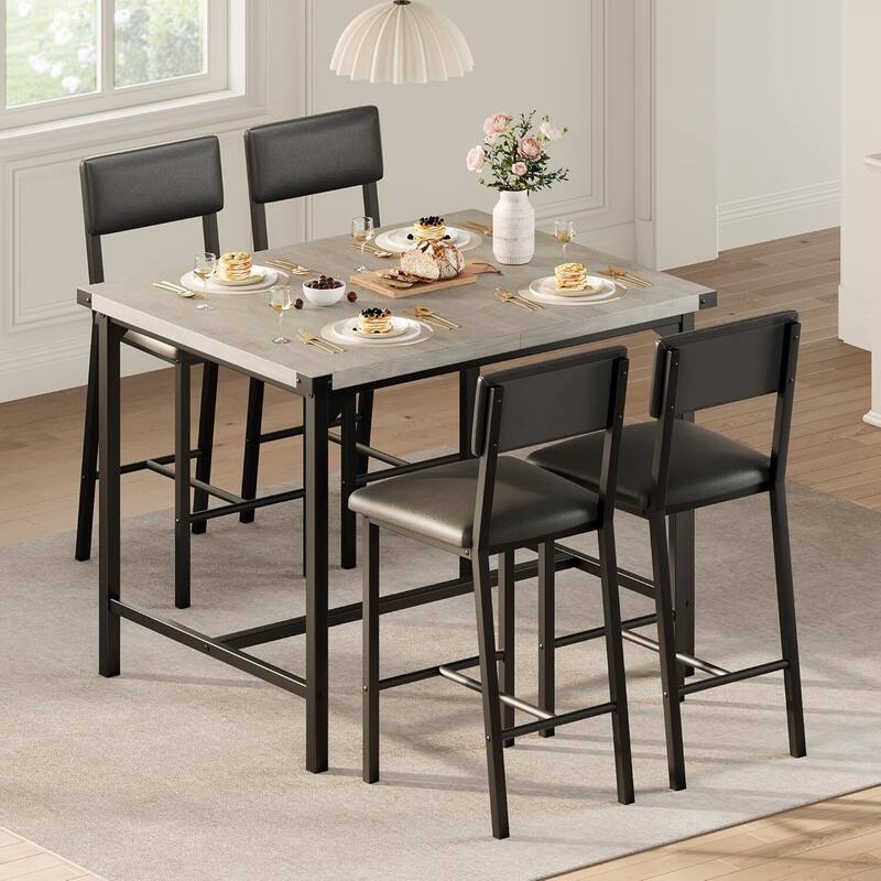 Counter Height Kitchen Dining Table Set with 4 Upholstered Bar Stools for Dining Room - Grey