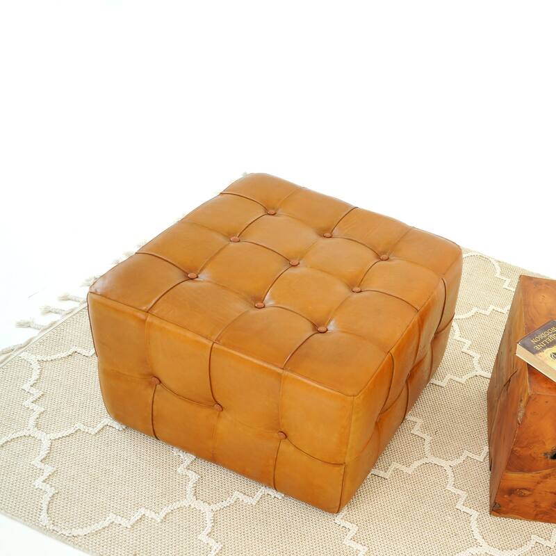 GDF Studio - Benjiro Modern Square 18" Genuine Leather Tufted Ottoman Coffee Table Bench
