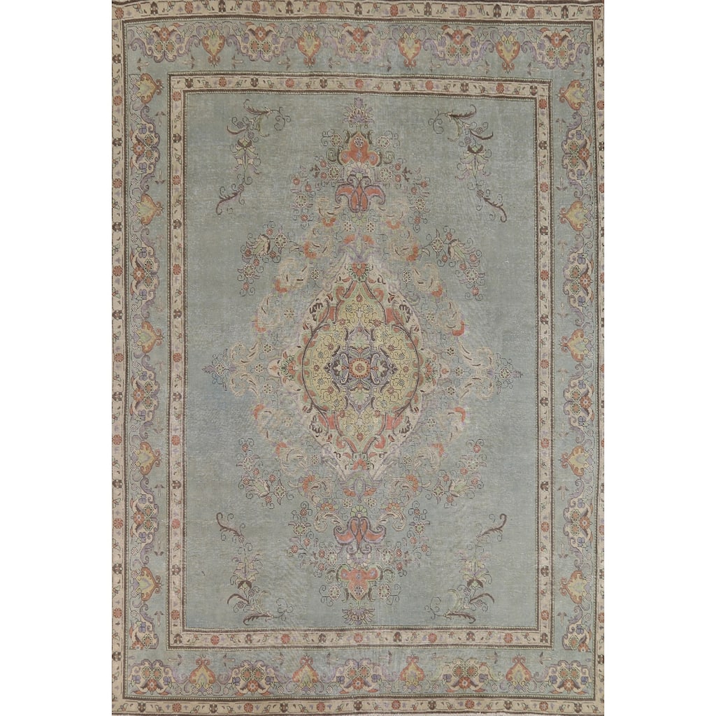 Light Blue Medallion Tabriz Persian Vintage Wool Carpet - 9'7" x 12'8"