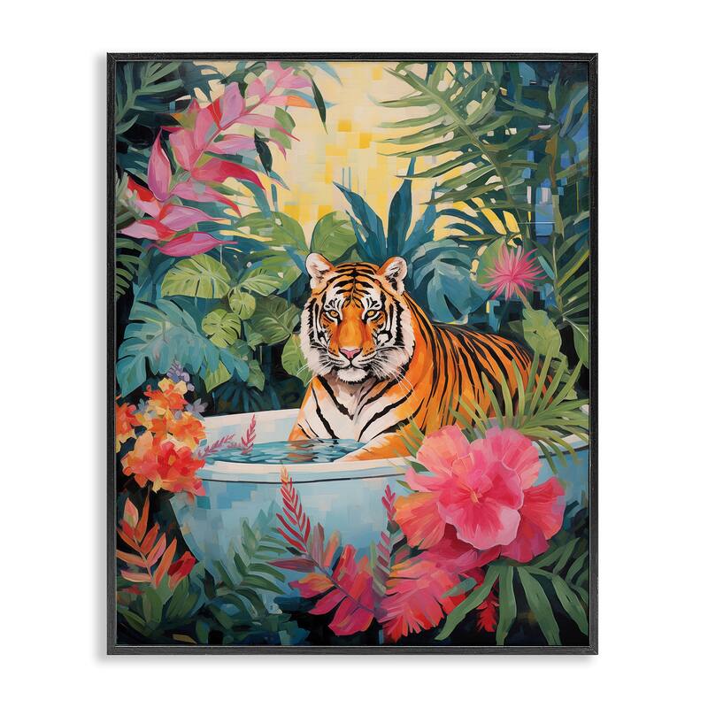 Stupell Tiger in Luxurious Bath Framed Giclee Art Design By Heidi Kuntz - 16 x 20 - Black