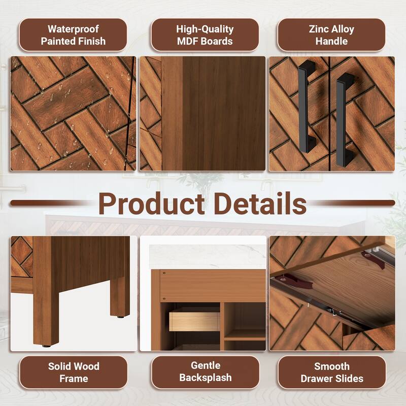 60" Freestanding Bathroom Vanity with Engineered Stone Top, Ceramic Double-Sink, Built-In Power Outlet, and Hair Dryer Storage