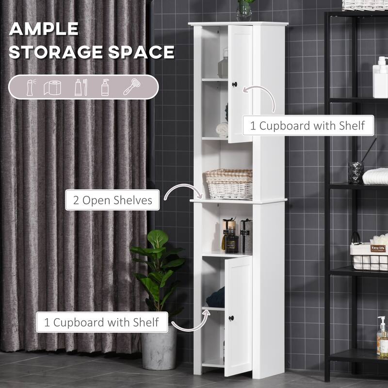 HOMCOM Tall Bathroom Storage Cabinet, Freestanding Linen Tower with 2-Tier Shelf and 2 Cupboards, White