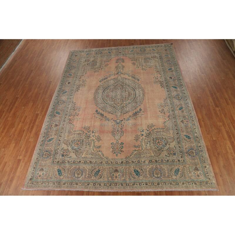 Tabriz Persian Vintage Area Rug Hand-Knotted Orange Wool Carpet - 9'7" x 12'8"