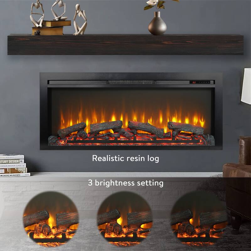 Modern 44-Inch Recessed Electric Fireplace with Remote, LED Light Heater & Log Flame Effect