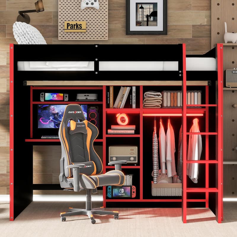 Full-Size Modern Gaming Wooden Loft Bed with RGB Lighting, Desk & Open Storage by Harper&Bright Designs