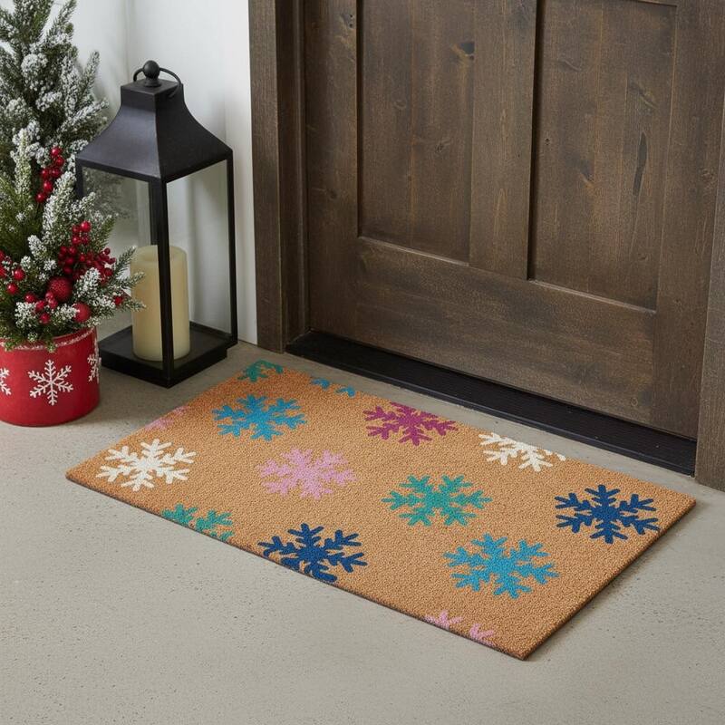 HomeRoots 17" X 29" Brown Blue And White Christmas Snowflake Outdoor Coir Door Mat - 17.00' X '29.00 - 17.00' X '29.00