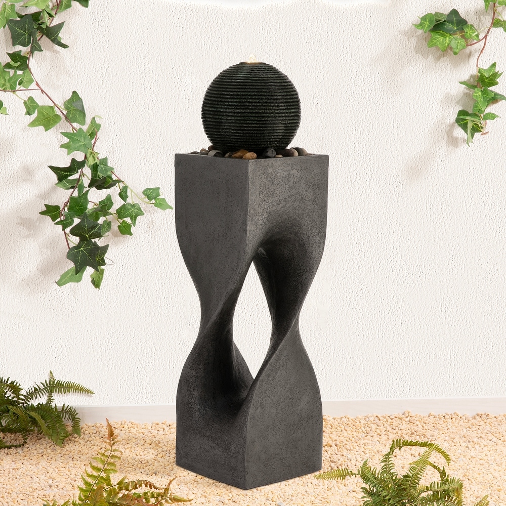 Glitzhome 31.75"H/36.5"H Polyresin Sphere Pedestal Outdoor Fountain With Pebbles Pump LED Light