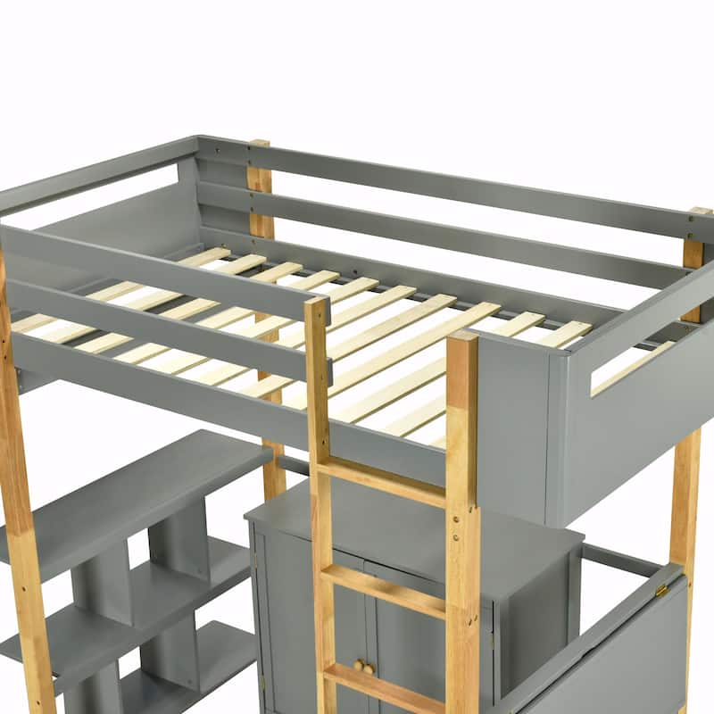 Wood Loft Bed With Built-in Storage Cabinet, Cubes, and Foldable Desk