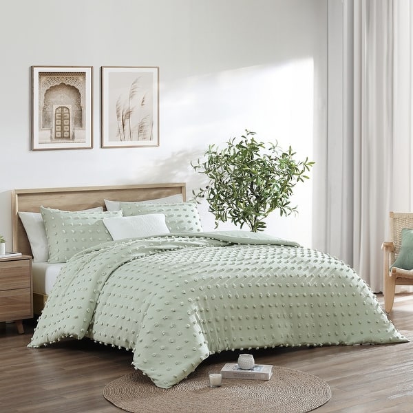 Swift Home Ultra-Soft Pom Pom 3-Piece Microfiber Comforter Bedding Set - Sage - Queen