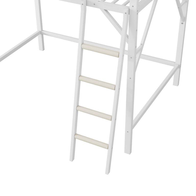 Full Size Metal Loft Bed with Ladder and Storage Shelves, High Loft Bed for Kids and Teens, White