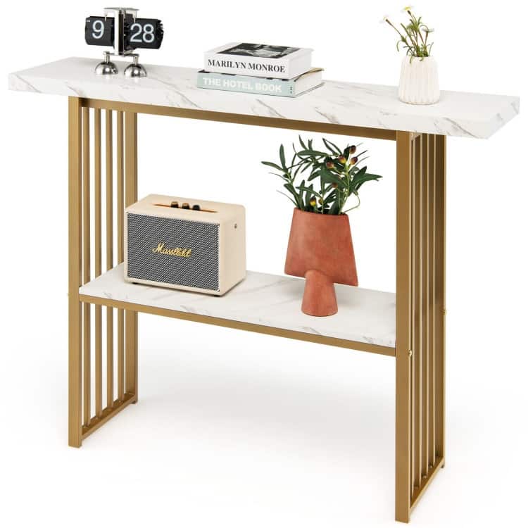 48 Inch 2-Tier Console Table with Gold Finished Frame-White - 48" x 11.5" x 36.5" (L x W x H)