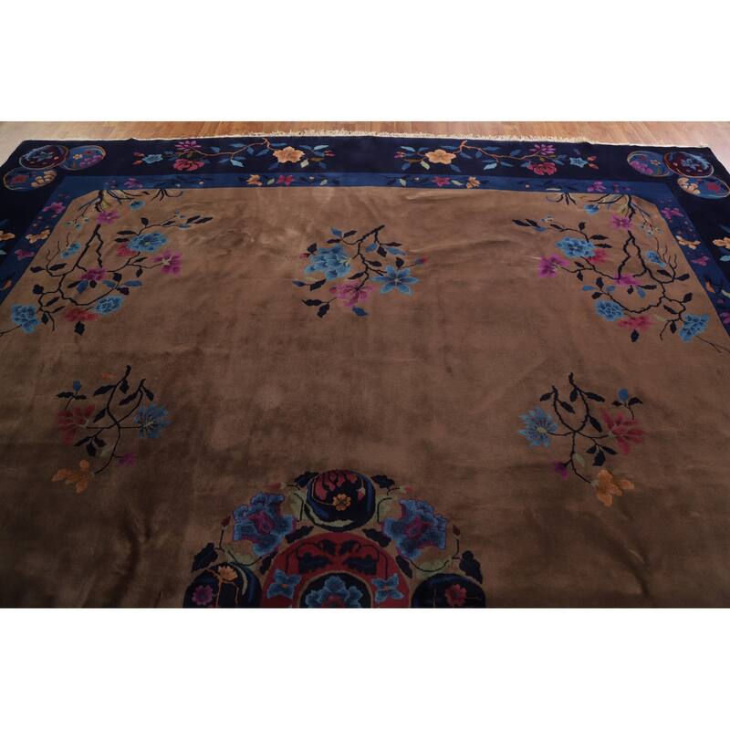Vegetable Dye Art Deco Oriental Area Rug Hand-knotted Wool Carpet - 12'0" x 14'8"