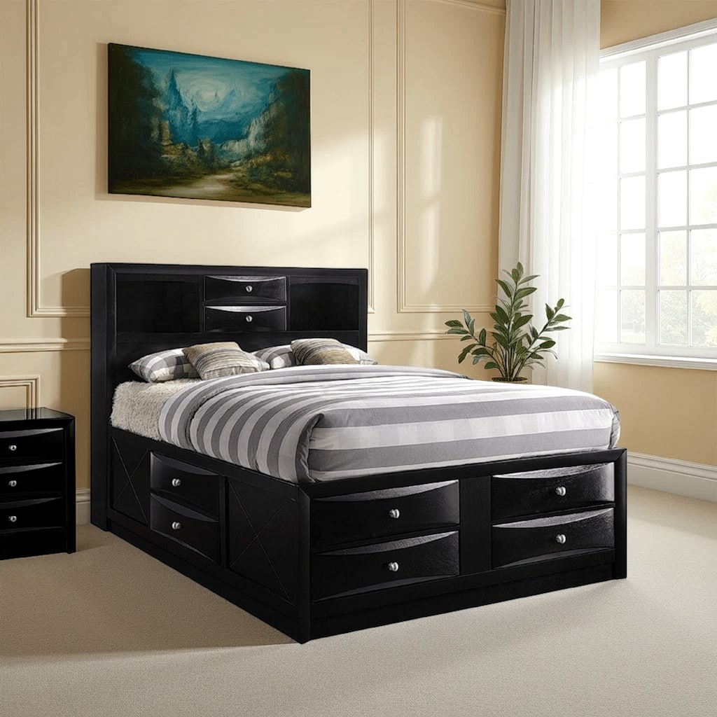 Contemporary Style Queen Size Wooden Storage Bed with Eight Spacious Drawers, Black