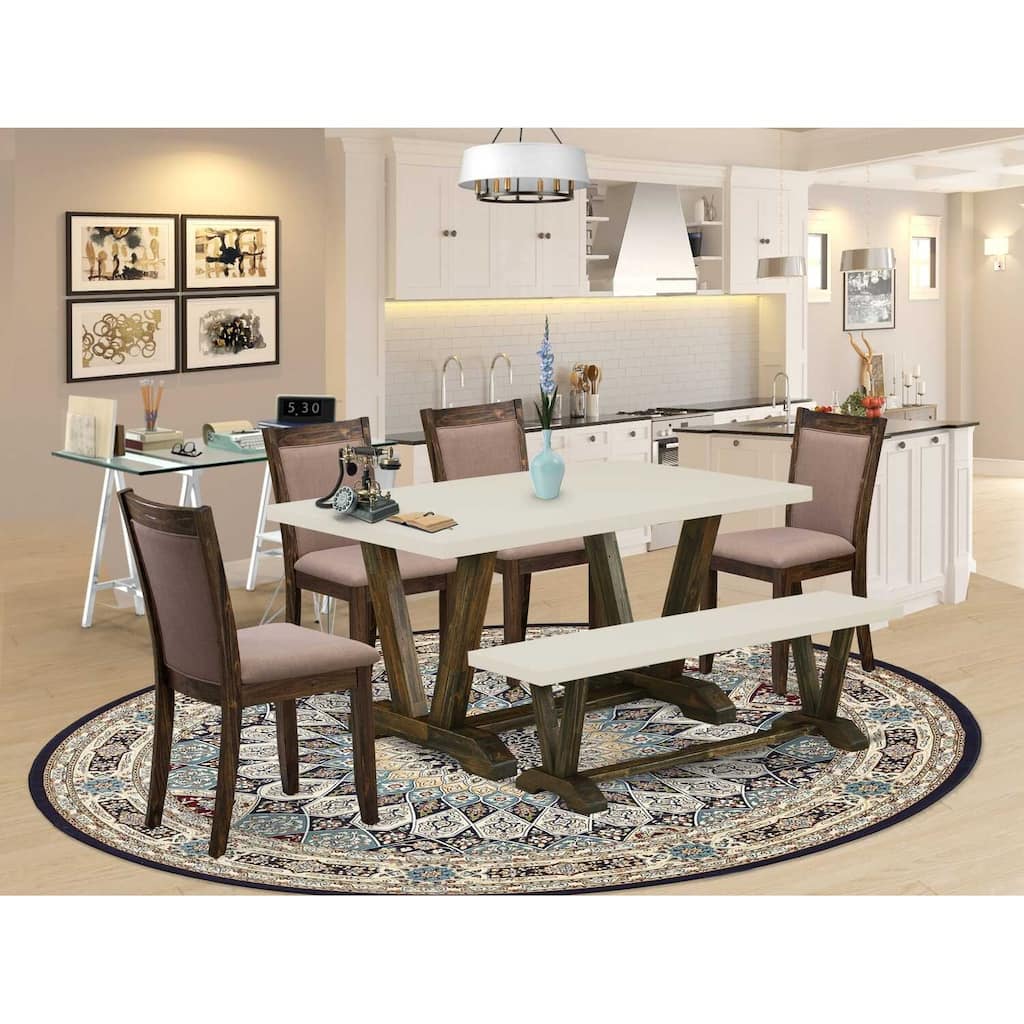 HomeStock 6-Piece Rectangle Distressed Jacobean Finish Solid Wood Top Dining Table with 1-Bench, 4-Chairs