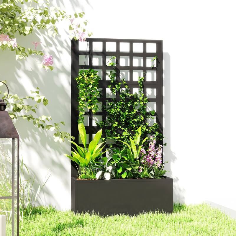 Outsunny Galvanized Raised Garden Bed with Trellis, Metal Planter Box with Drainage Holes