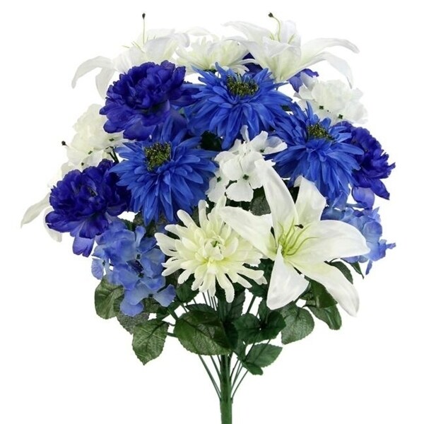Admired By Nature GPB7357-BL-CM 24 Stems Faux Full Blooming Ranunculus Lily Hydrangea Mixed Flower Bush - Blue Cream