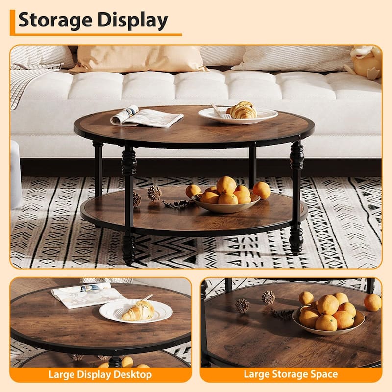 Round Coffee Table for Living Room Rustic Center Table with Storage