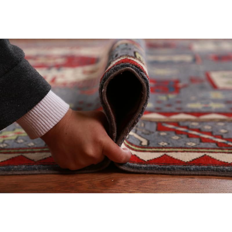 Hand Knotted Oriental 100% Wool Carpet Traditional Medallion Navy Blue & Blues Kazak Area Rug - 9' 7'' X 8' 4''