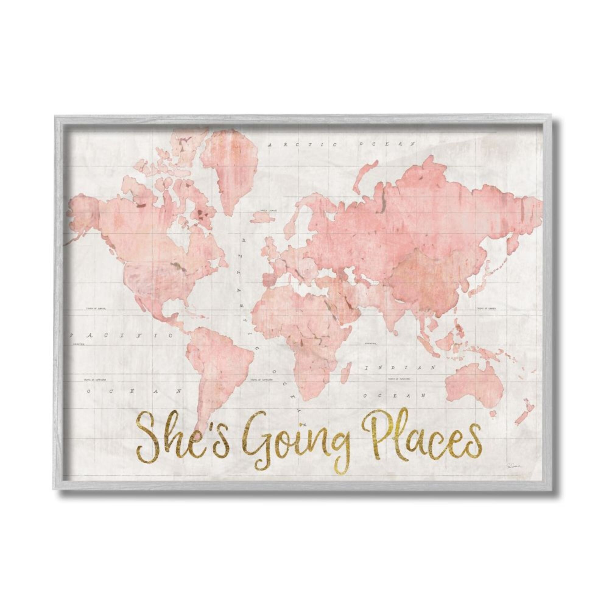 Shop Stupell Industries She S Going Places Quote Pink Watercolor World Map Framed Wall Art Overstock 31940210