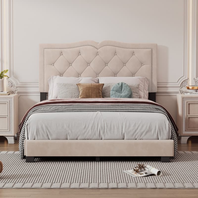 Full Size Tufted Velvet Upholstered Bed with Rivet Design