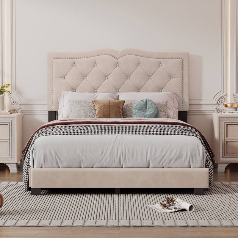 Full Size Upholstered Bed Frame with Rivet Design, Modern Velvet Platform Bed with Tufted Headboard
