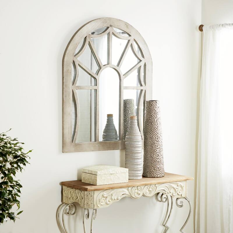 Wood Window Pane Inspired Room Wall Mirror with Arched Top - Cream - Roche River Decor