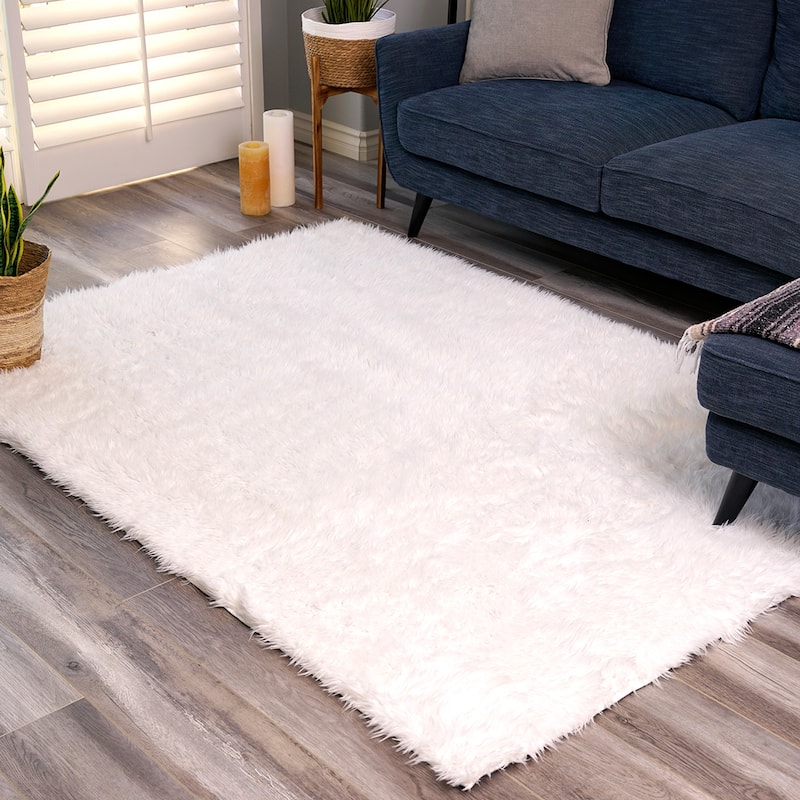 My Magic Carpet Washable Vegan White Plush Shag Area Rug