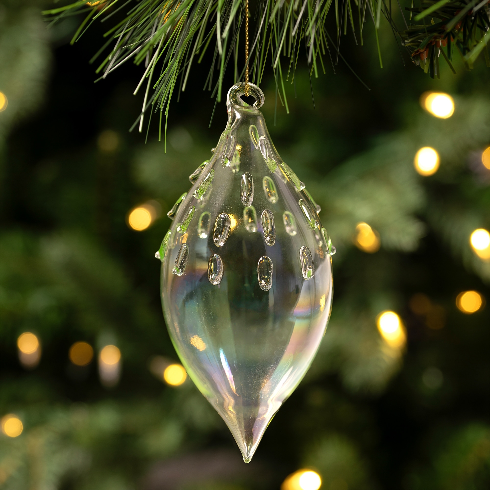 Transparent Iridescent Glass Teardrop Finial Ornament 5" Green