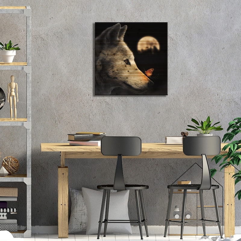 The Wolf & Glowing Butterfly Print On Wood by Zenja Gammer - Multi-Color