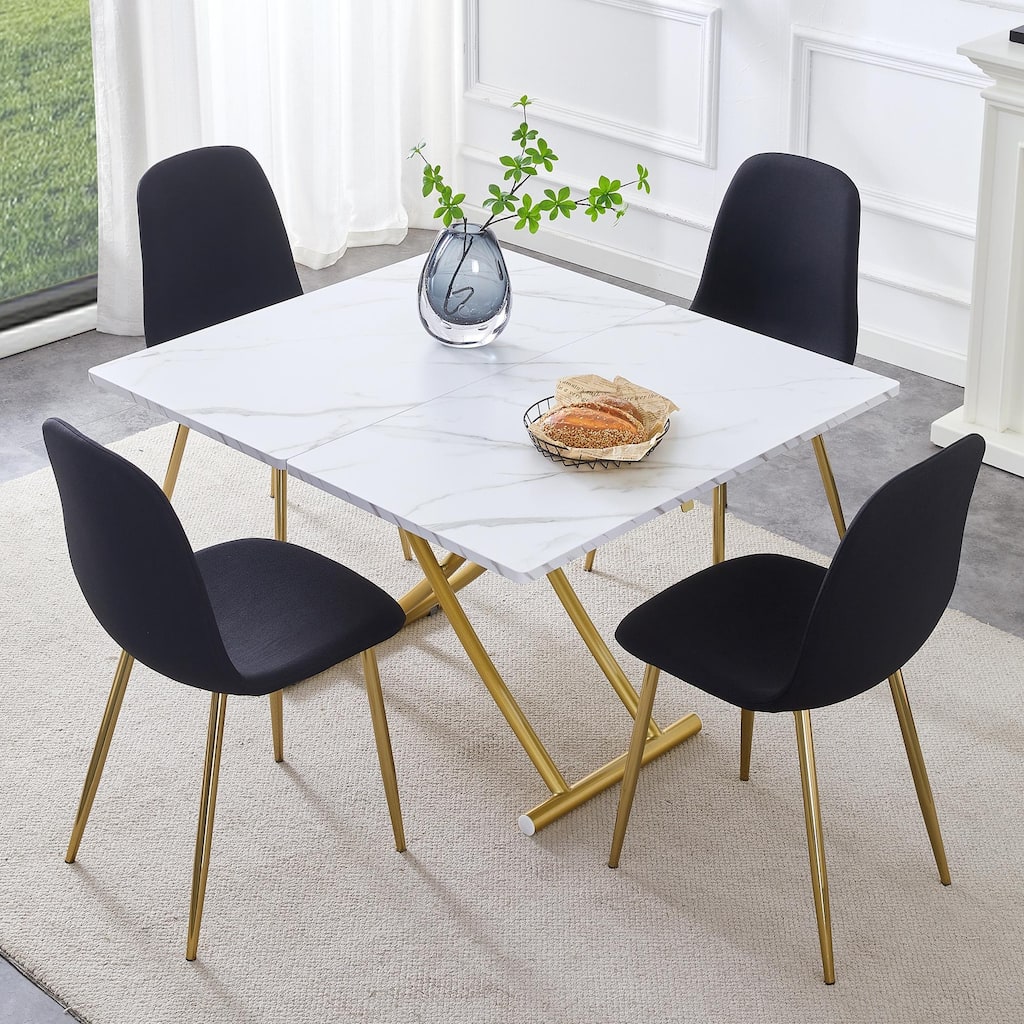 5 Piece Lifting Dining Table Set for 4, Modern Metal & Wood Kitchen Table with 4 Chairs, Space-Saving Dining Table & Chair Sets