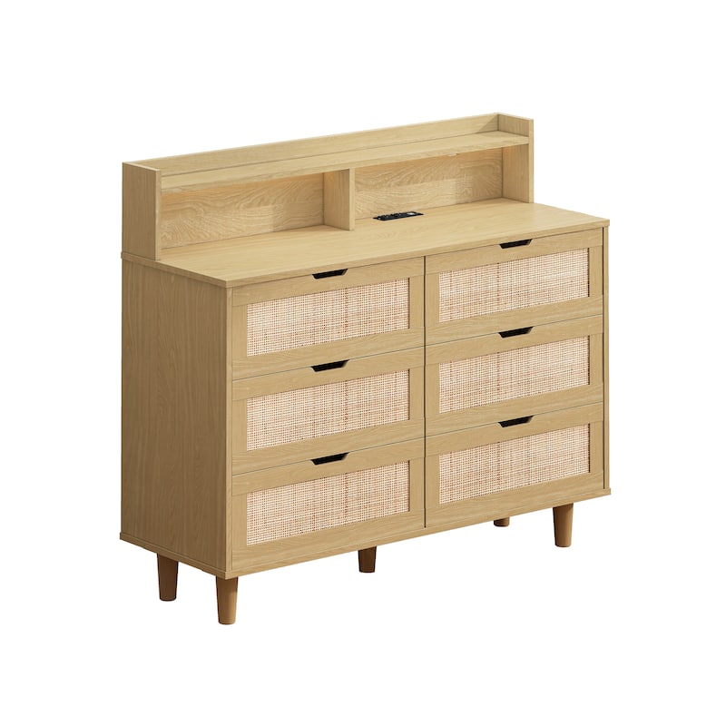 6-Drawers Rattan Storage Cabinet with LED Lights and Power Outlet