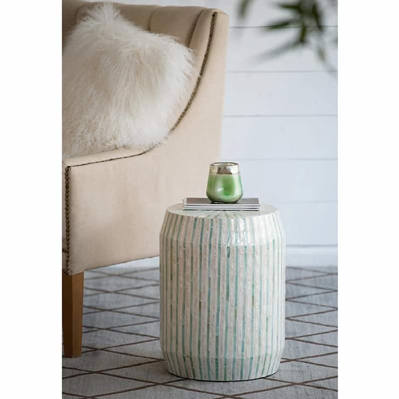 Cylinder Capiz Stool - Cream & Green Striped Design, End Table, Side Table - 14x14x18"